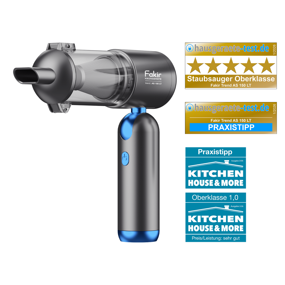 Fakir trend | AS 150 LT (anthrazit/blau), 4in1 Multifunktions Akku-Handstaubsauger (Saugen, Aufblasen, Ausblasen und Vakuumieren), 120 Watt BLDC Hochleitsungsmotor - 1